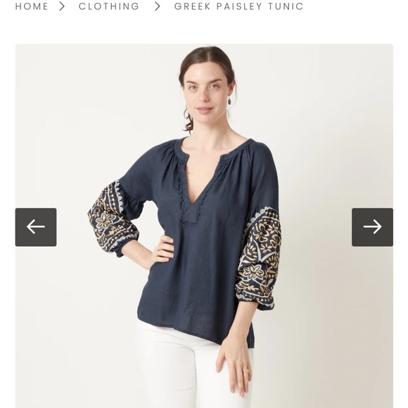 Archaic Greek Kori Tops - Archaic Greek Kori Embroidered Linen Contrast Paisley Sleeve Tunic - Women